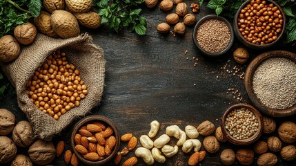 Fototapeta premium Nuts Spilling from Burlap Sack on Wooden Surface