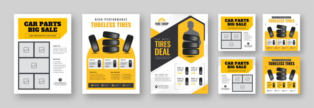 Tire shop flyer and banner bundle | Car service promotion | Auto repair advertising template | Social media post and tire sales marketing design