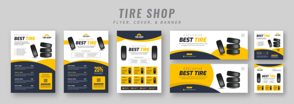 Tire shop flyer and banner bundle | Car service promotion catalog | Auto repair advertising template | Social media post and tire sales marketing design