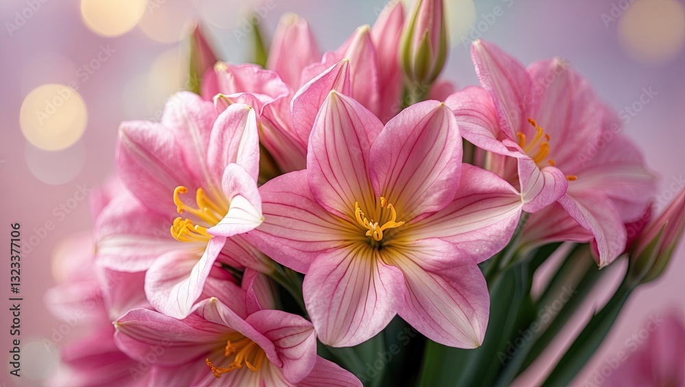 Poster closeup of pink alstroemeria flowers with yellow centers clustered in the center against a pastel bo