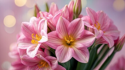 Fototapeta premium Closeup of pink alstroemeria flowers with yellow centers clustered in the center against a pastel bokeh background creating a soft floral ambiance
