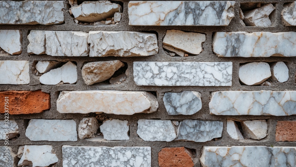 Poster chipped marble and brick textures in neutral tones arranged in a striking pattern, with irregular sh