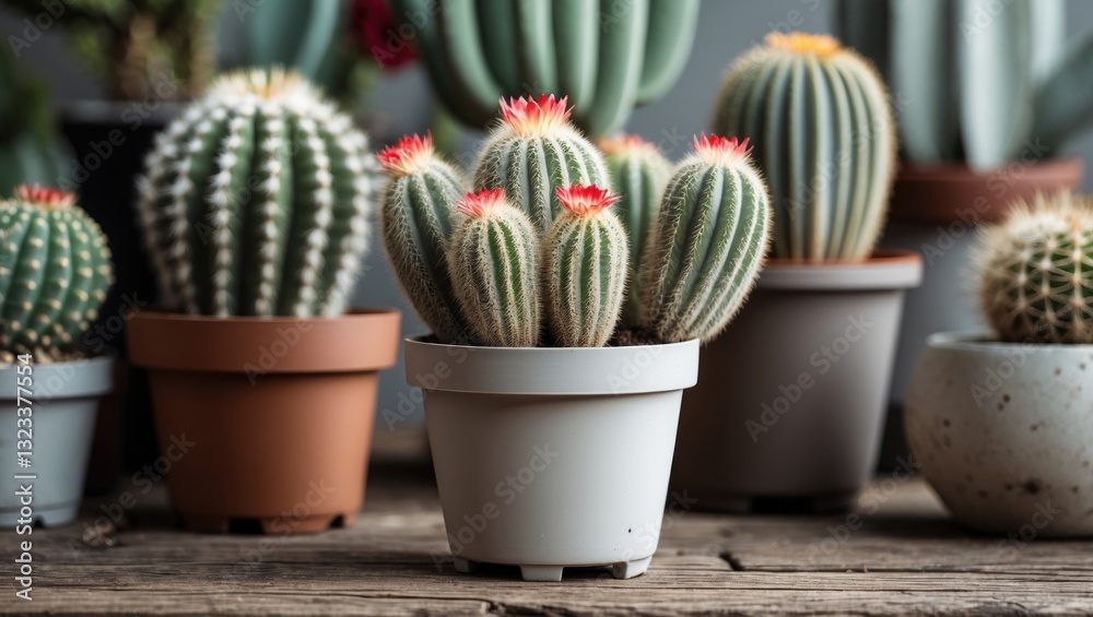 Poster cacti in various pots displayed on a wooden surface showcasing vibrant colors with green spines and 