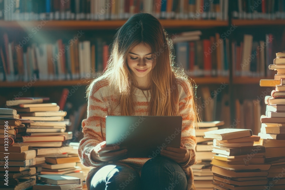 Poster a person reading and working on their computer surrounded by books, perfect for education or office 