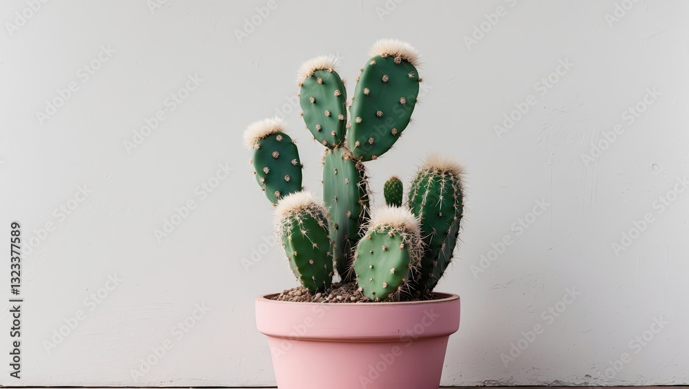 Aufkleber cactus with green pads in a pink flower pot centered against a soft white background creating a fres