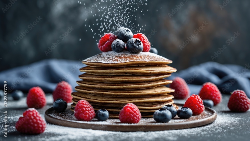 Aufkleber stacks of fluffy pancakes topped with powdered sugar and mixed berries, including raspberries and bl