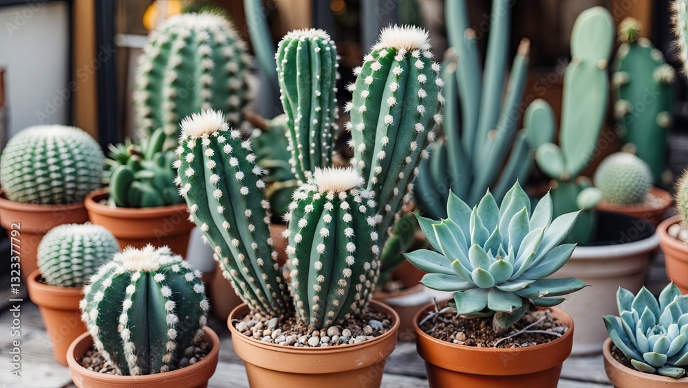 Poster cacti arrangement in terracotta pots with green spiky cactus varieties on a table against a blurred 