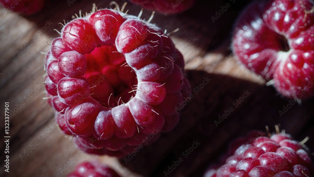 Aufkleber Close-up of vibrant red raspberry with textured surface in natural light casting deep shadows on rustic wooden background