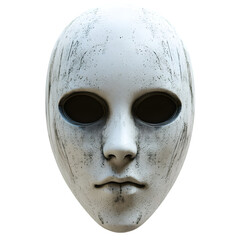 A striking, featureless white mask with deep black eye sockets and subtle markings, evoking a mysterious and eerie mood.