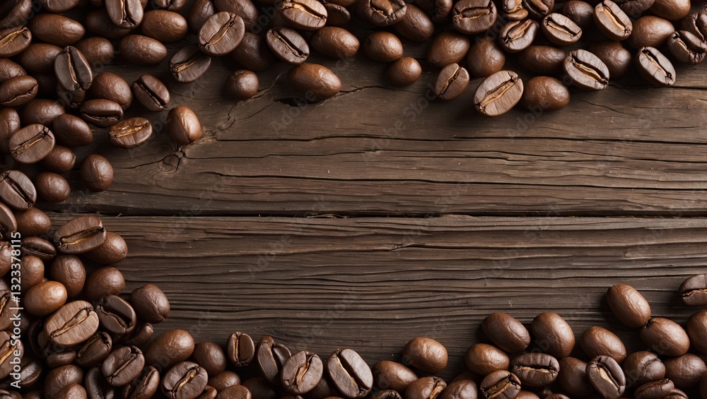 Poster Coffee beans spread across a dark wooden surface creating a natural frame with ample blank space in the center for text or graphic design.