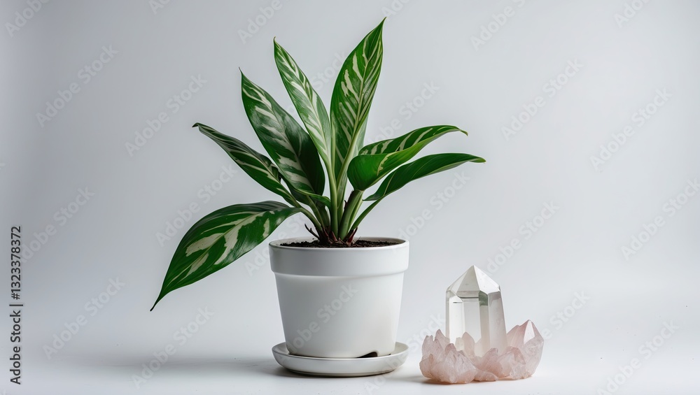 Aufkleber Green and white variegated plant in a white pot with a clear crystal and pink quartz on a light gray background creating a serene atmosphere