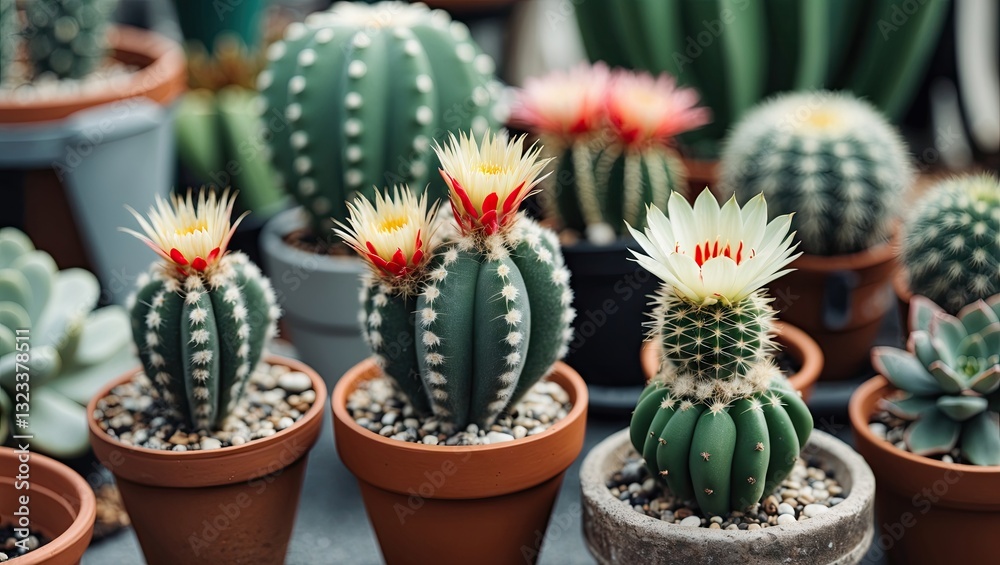 Poster vibrant cacti with white and red flowers in terracotta pots surrounded by various succulents creatin