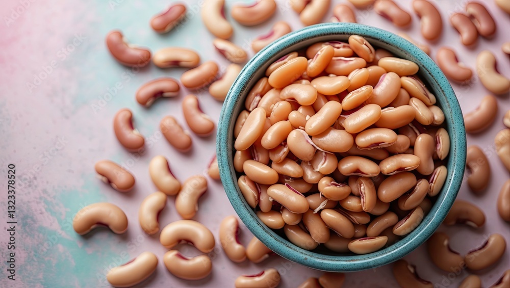 Poster close-up of pinto beans in teal bowl on pastel blue background with scattered beans creating a contr