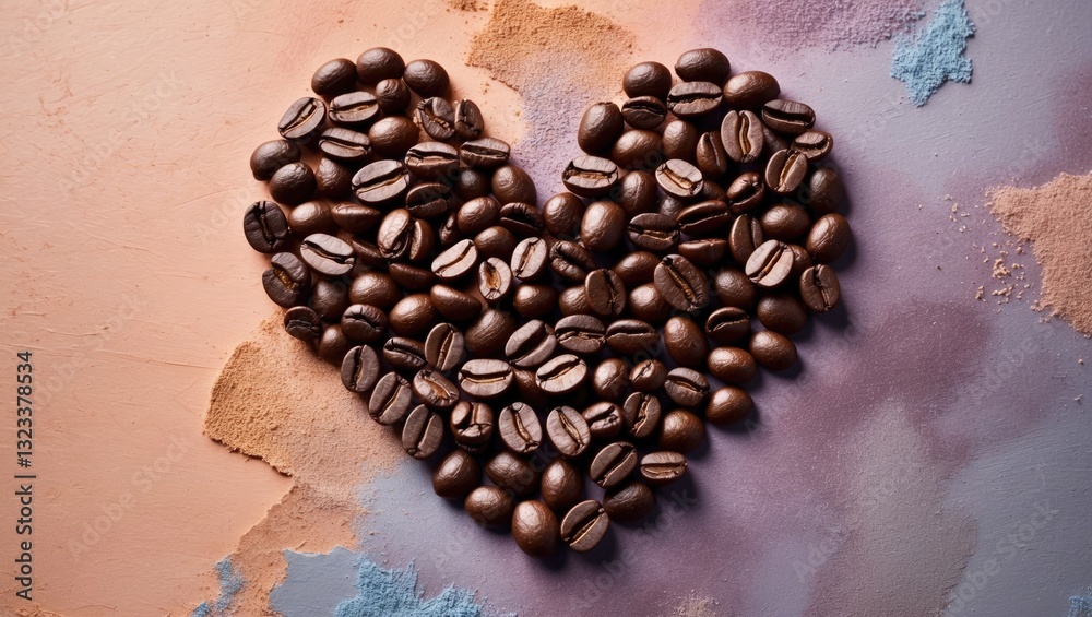 Poster Coffee beans forming a heart shape on a pastel textured background with light blue and beige tones, creating a warm and inviting atmosphere.