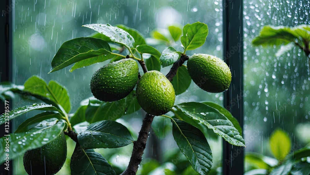 Aufkleber young avocado tree with lush green foliage and developing avocados, seen through raindrops on a wind
