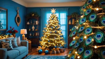 Fototapeta premium Cozy living room decorated for Christmas featuring a beautifully lit tree with ornaments and a blue wall, warm lamp glow, and presents on the floor.