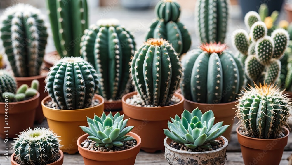 Poster diverse collection of cacti and succulents in terracotta pots arranged on a wooden table showcasing 