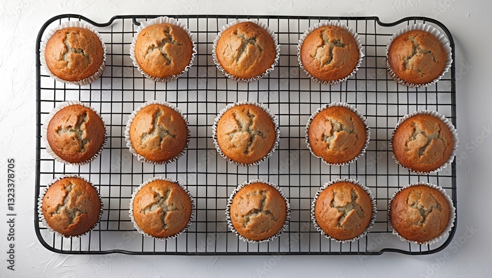 Poster Cooling rack filled with freshly baked golden muffins arranged in four rows on a white background with ample copyspace for text above and below.