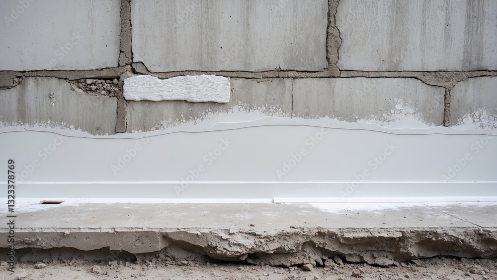 Poster White-coated concrete wall surface after primer application with a smooth line at the bottom and rough texture above, showcasing construction details.