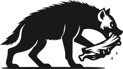 A hyena biting onto a piece of meat and tugging open vector