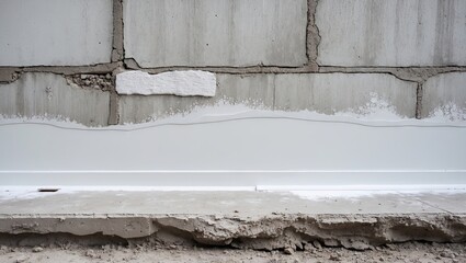 White-coated concrete wall surface after primer application with a smooth line at the bottom and rough texture above, showcasing construction details.