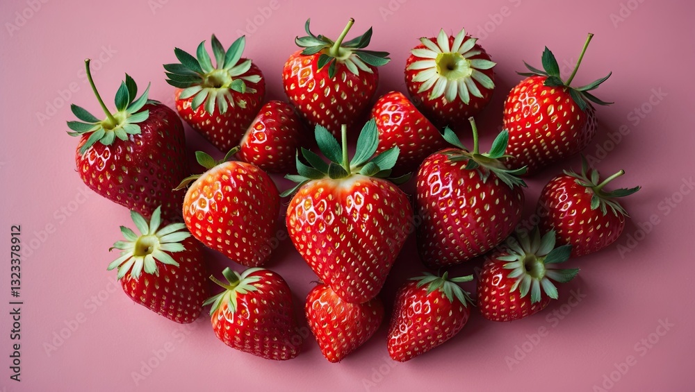 Aufkleber fresh vibrant red strawberries artistically arranged on a soft pink background in a flat lay composi