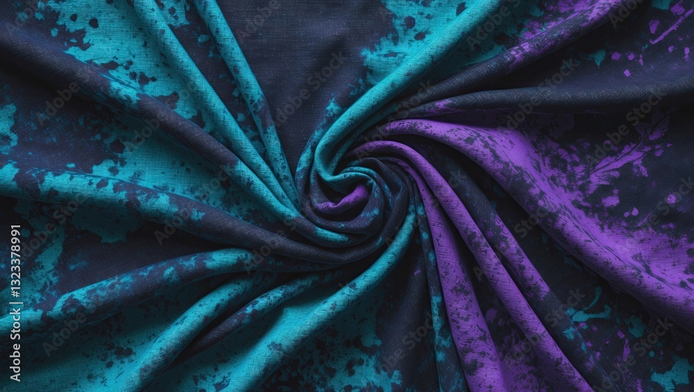 Poster vibrant teal and purple textured fabric swirling in a spiral pattern against a deep navy background 