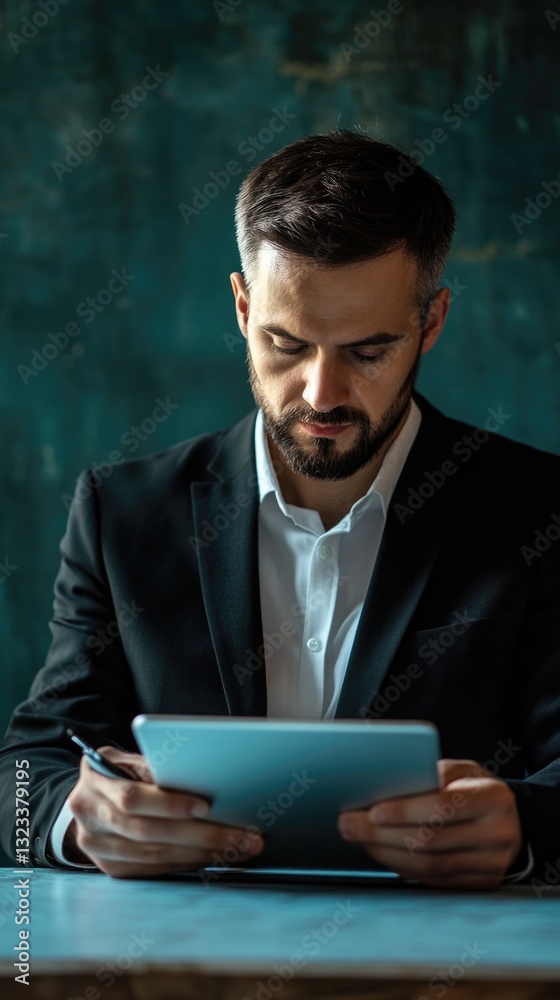 Poster a person sitting at a desk with a tablet device, ideal for digital work and communication