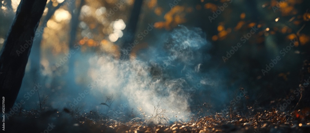 Poster a blurred image of a forest with flames, great for backgrounds or concepts