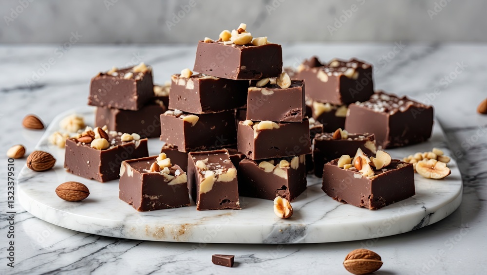 Poster chocolate fudge cubes with nuts stacked on a round marble tray, dark brown fudge against a light gre