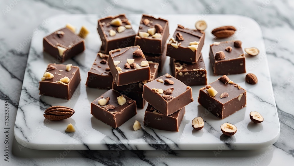 Poster Delicious chocolate fudge squares topped with nuts arranged on a white marble tray with ample negative space for text or design.