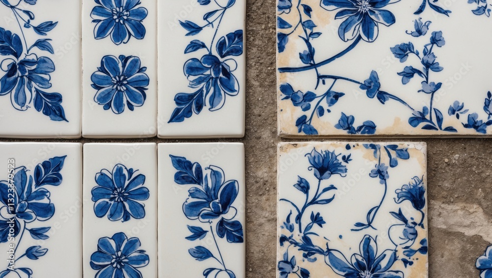 Aufkleber blue and white floral patterned tiles arranged in a square grid against a textured gray background s