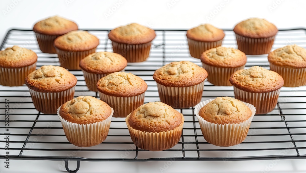 Poster cooling rack with golden muffins arranged on a black metal rack against a bright white background wi