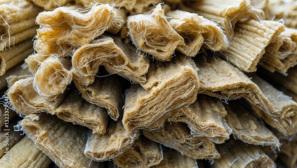 Poster close-up of textured brown asbestos fibers stacked orderly to highlight insulation materials for con