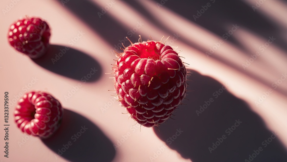Poster Close-up of a single vibrant red raspberry with intricate details and deep shadows on a soft pink background, highlighting three raspberries in total.