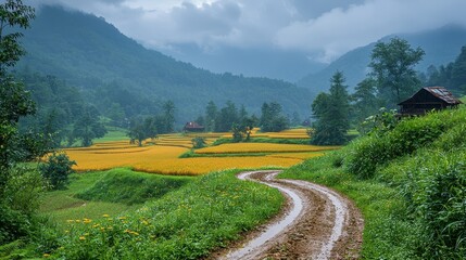 Scenic Rural Landscape with Lush Green Hills and Fields