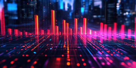 Dynamic data visualization urban skyline digital art futuristic environment aerial view technology concept