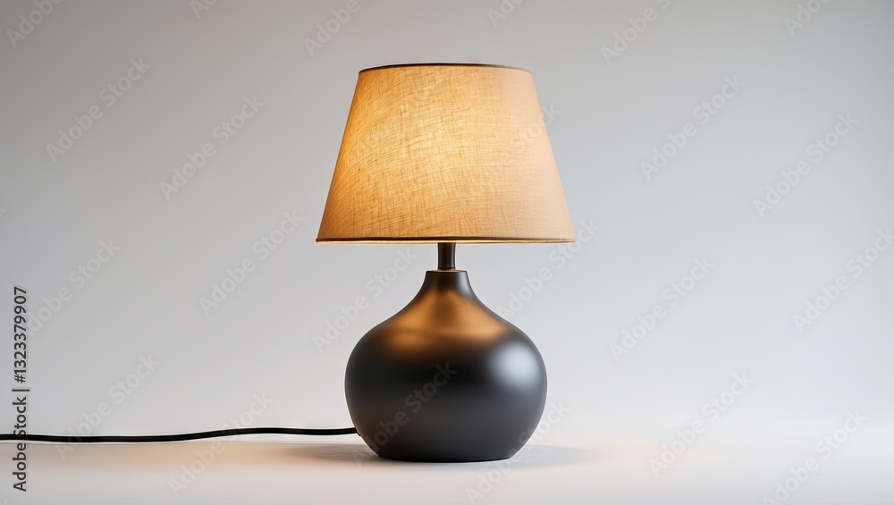 Poster elegant black ceramic table lamp with a beige fabric shade, positioned slightly to the right against