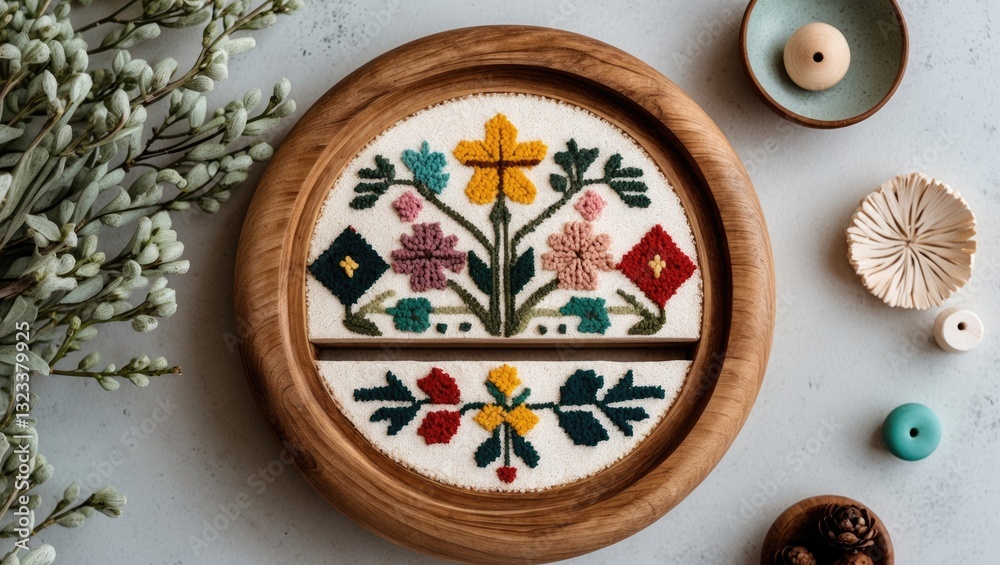 Aufkleber colorful embroidered sampler in a round wooden frame on a soft light background with natural decor e
