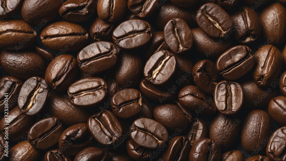 Aufkleber Close-up of dark roasted coffee beans in rich brown tones arranged on a flat surface with ample negative space for text or design elements.