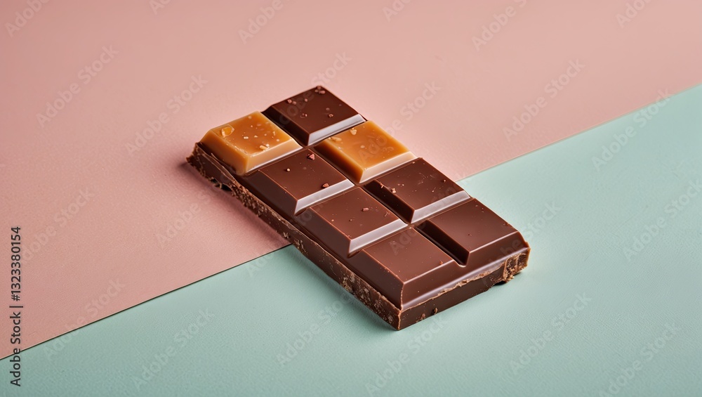 Poster tasty caramel chocolate bar positioned at an angle on a soft pastel pink and teal background highlig