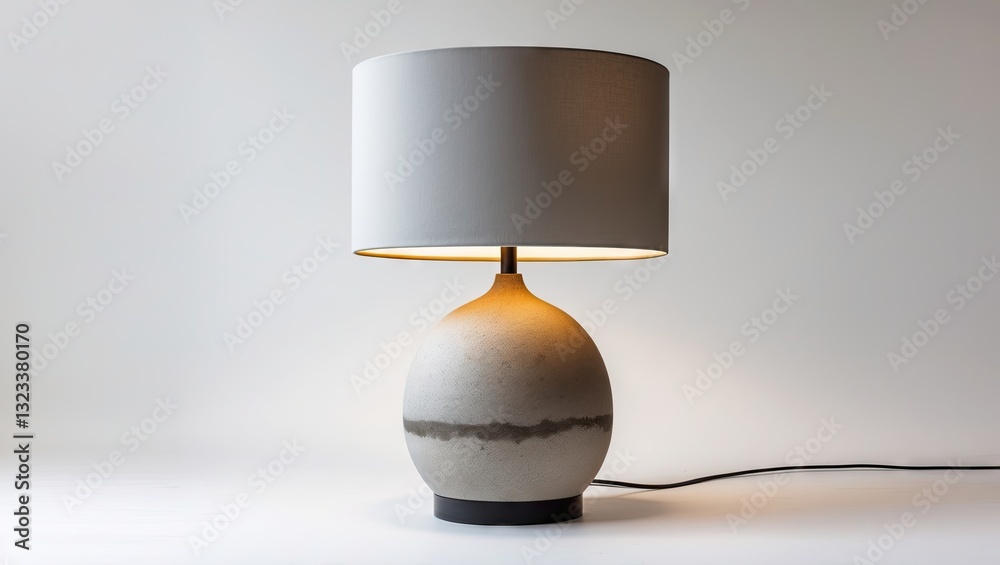Aufkleber Modern ceramic table lamp with a round base in gray and beige tones, featuring a soft white drum shade, illuminated against a white background.