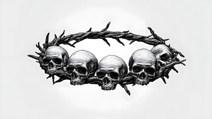 Intricate Monochrome Design of Skulls Encircled by Thorny Branches Representing Mortality
