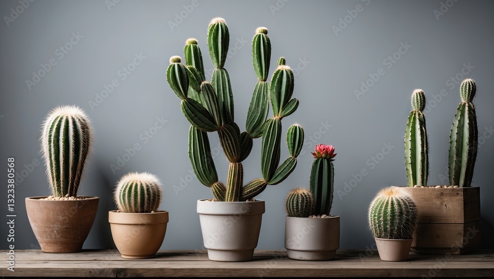 Poster minimalist arrangement of cacti in various pots on a wooden surface against a gray wall with soft li