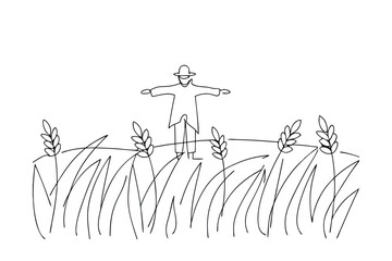 Simple Scarecrow Standing in Wheat Field Line Drawing