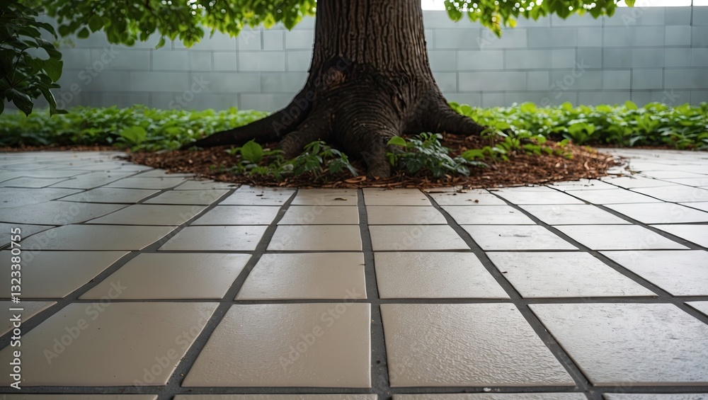 Aufkleber close-up view of a beige tile floor surrounding a tree trunk with lush green foliage and gray wall i