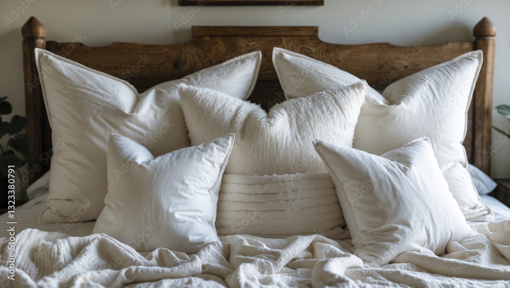 Poster crisp white pillows in varied sizes arranged artfully on a rustic wooden bed frame with a soft beige