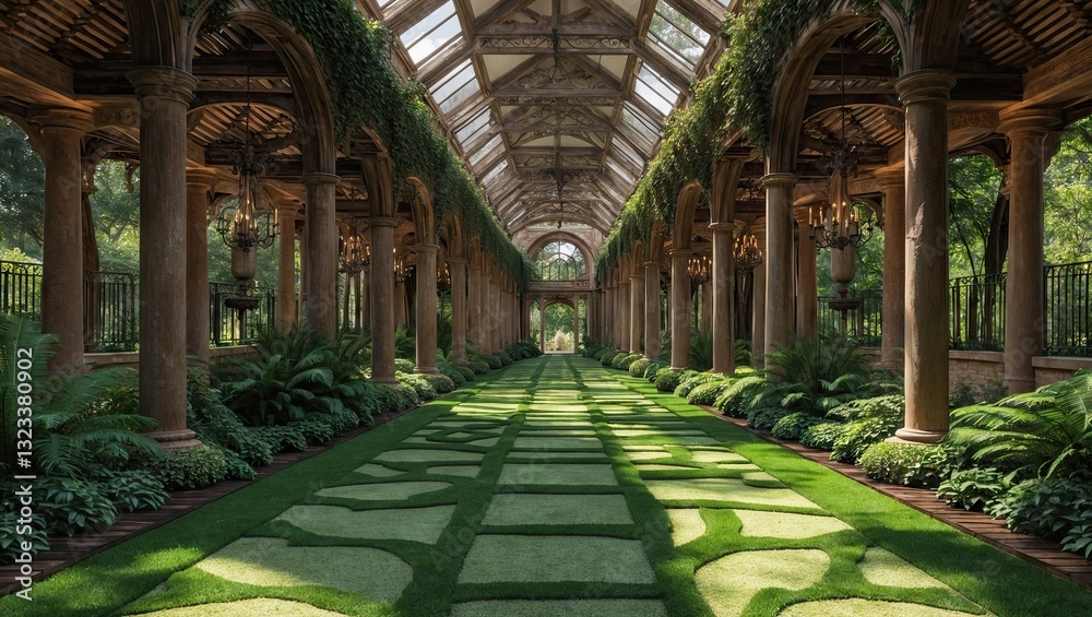 Poster elegant corridor adorned with lush greenery, tall columns, and patterned lawn pathway under soft nat
