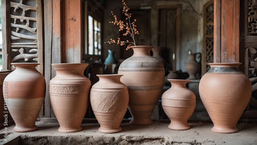 Aufkleber elegant collection of six terracotta clay vases in varying shapes and sizes arranged on a shelf with