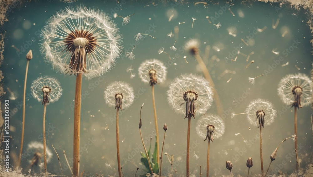 Leinwandbilder vintage dandelion field with soft blue background featuring fluffy white seed heads gently blowing i